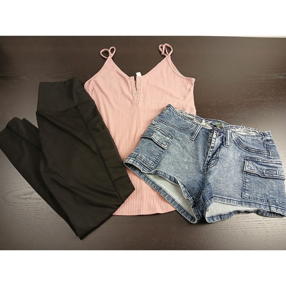 Womens 3pc Outfit Bundle Zenana Pink Tank Black Leggings Denim Cargo Shorts S